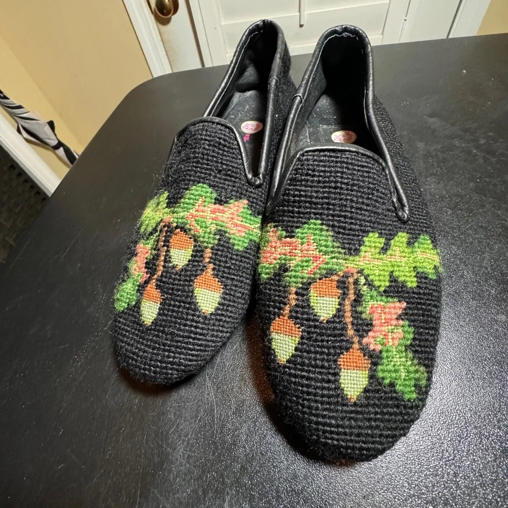 By Paige size 7 hand stitched black wool needlepoint leather loafers